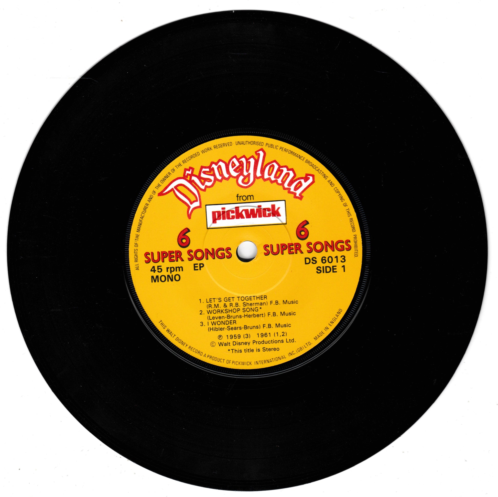 A vintage Disneyland 7-inch vinyl record with a bright yellow centre label featuring the Disneyland and Pickwick logos, photographed on a black background.