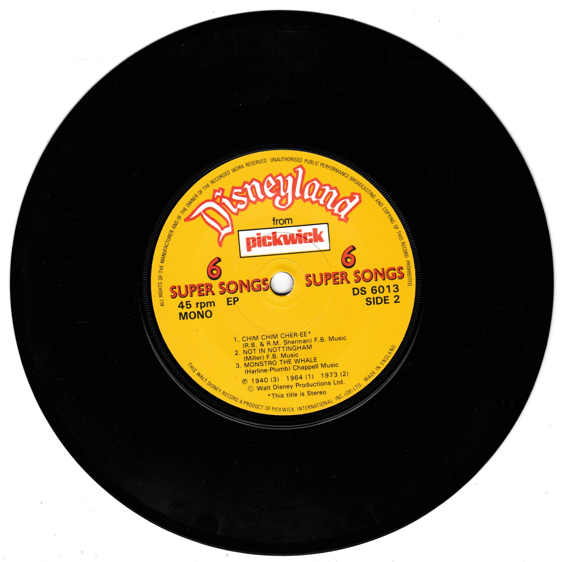 A vintage Disneyland pickwick 45 rpm vinyl record, showing the yellow centre label with red and white text on a black vinyl disc against a white background.