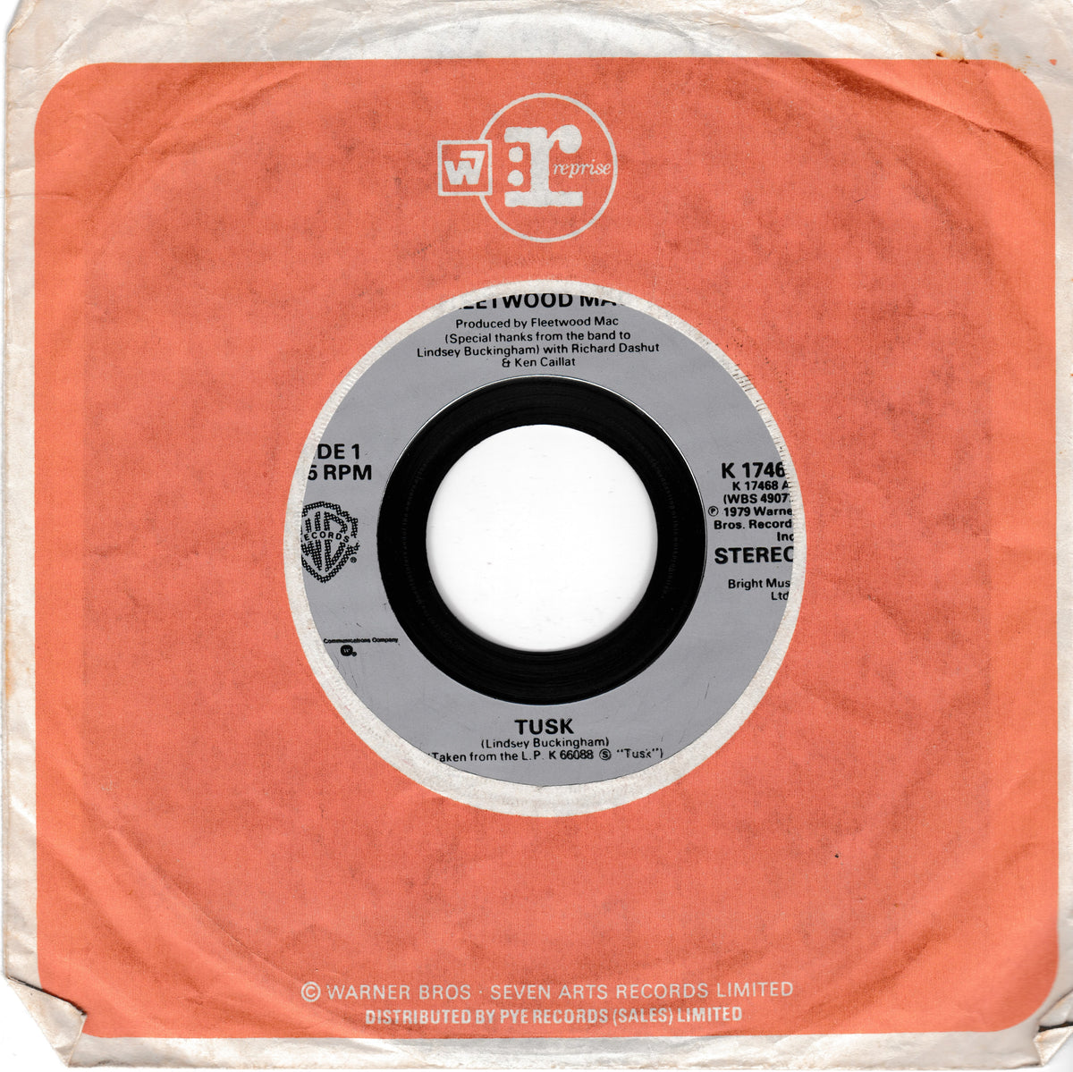 A vintage 7-inch vinyl record sleeve for Tusk by Fleetwood Mac, released on Warner Bros. and Seven Arts Records.