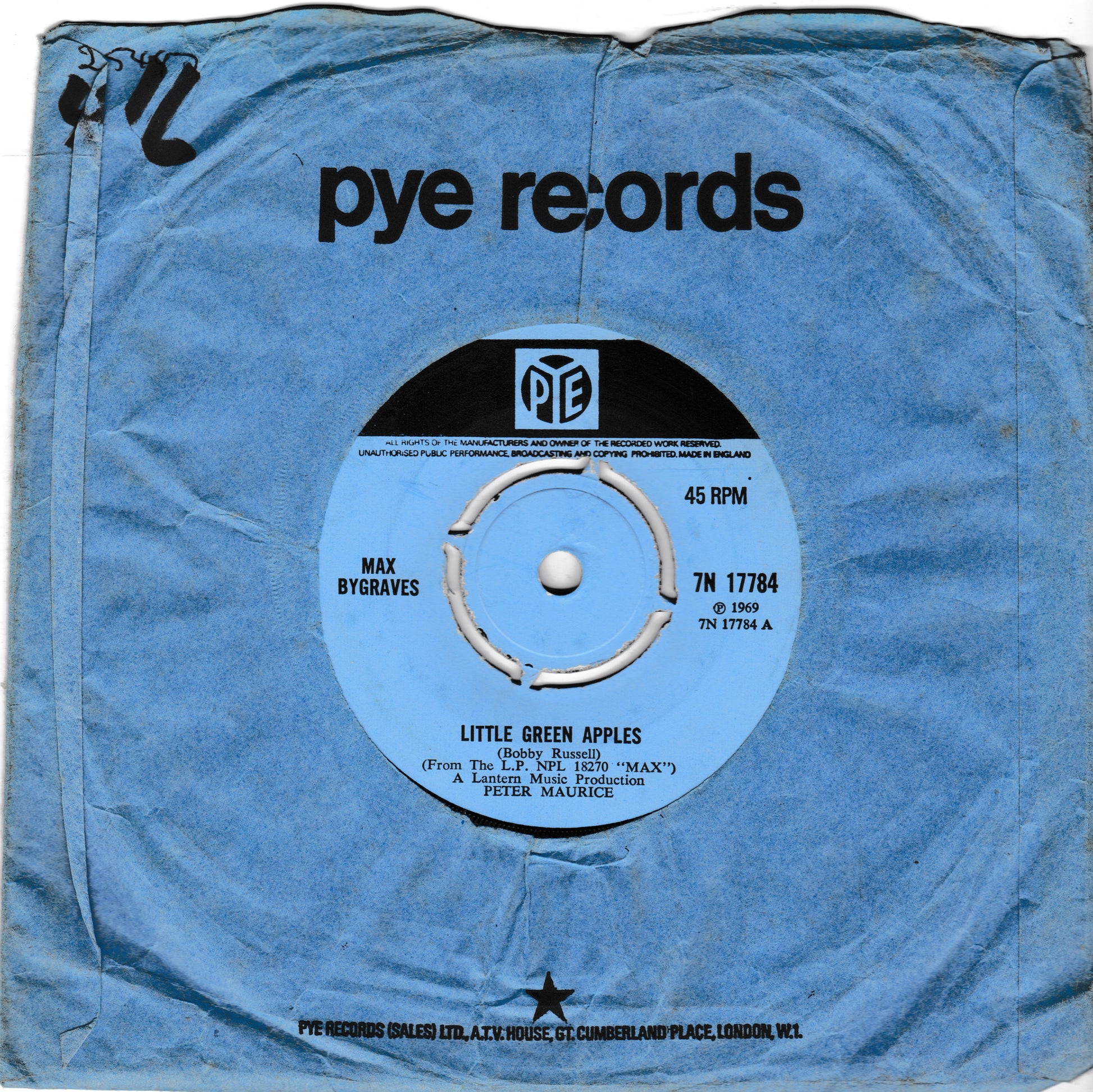 A vintage Pye Records 45 RPM vinyl record sleeve for Max Bygrave's 'Little Green Apples', featuring a light blue paper sleeve with a matching blue centre label and black text.