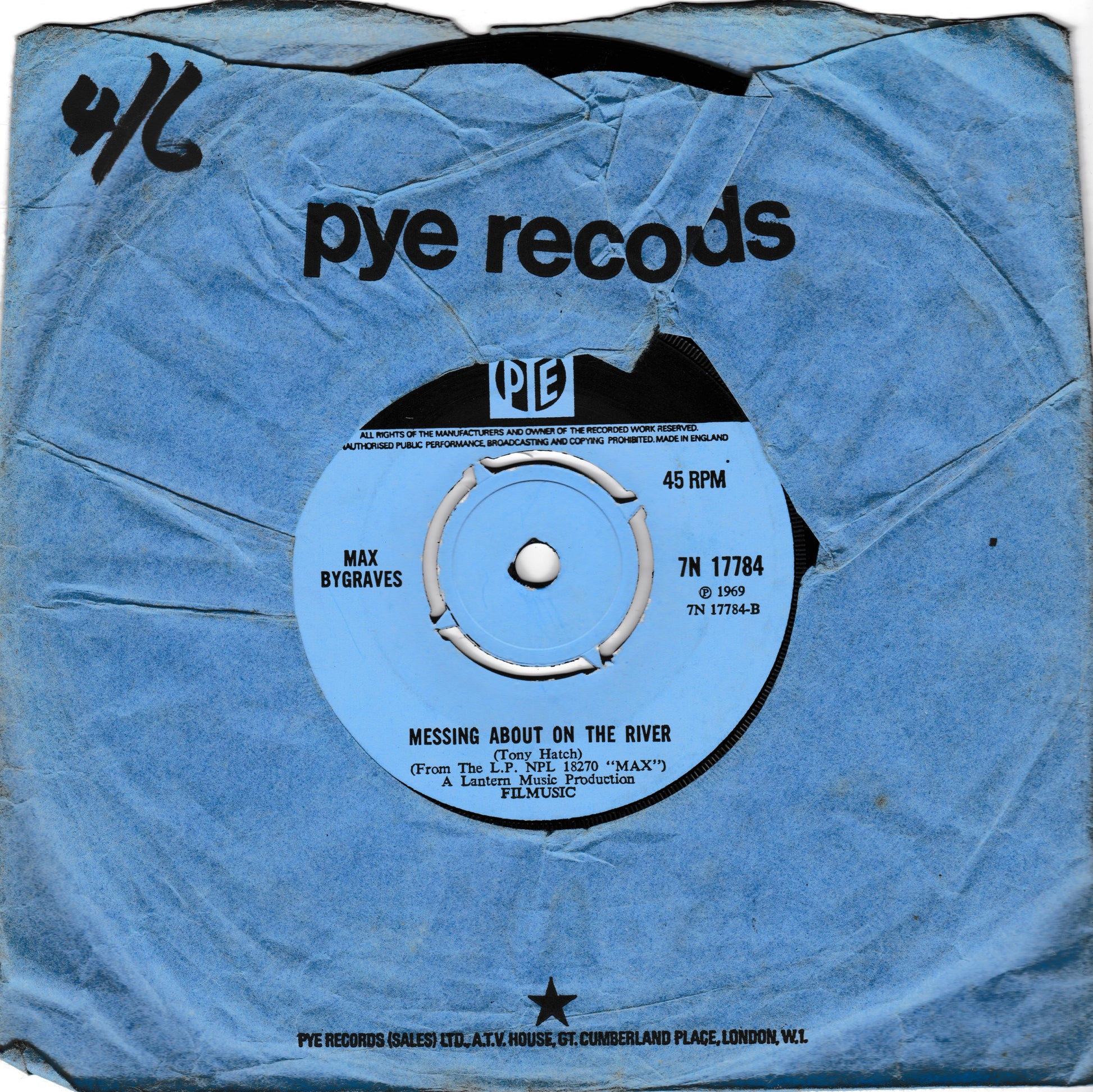 A vintage Pye Records 7-inch vinyl record sleeve for Max Bygrave's 'Messing About on the River', featuring a light blue paper sleeve with black text and a matching light blue centre label.