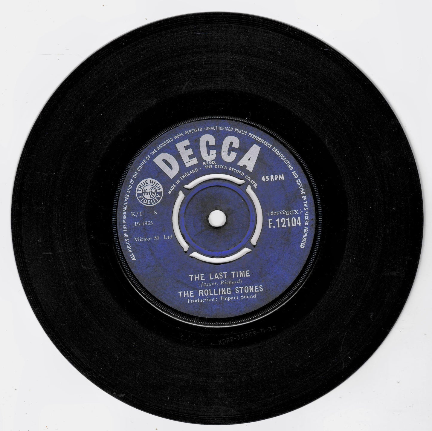 A black vinyl record with a blue and white centre label reading 'DECCA' and 'The Last Time' by The Rolling Stones, photographed on a plain white background.