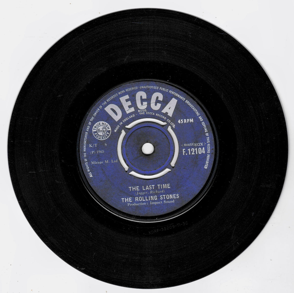 A black vinyl record with a blue and white centre label reading 'DECCA' and 'The Last Time' by The Rolling Stones, photographed on a plain white background.
