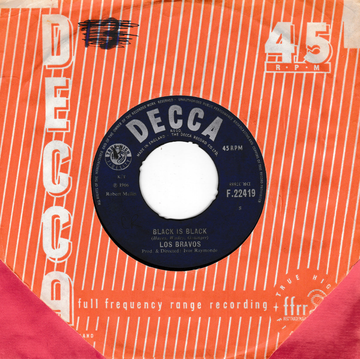 A vintage 45 rpm vinyl record sleeve for Los Bravos's 'Black Is Black' on Decca Records, featuring a bright orange and white striped design with a blue centre label.