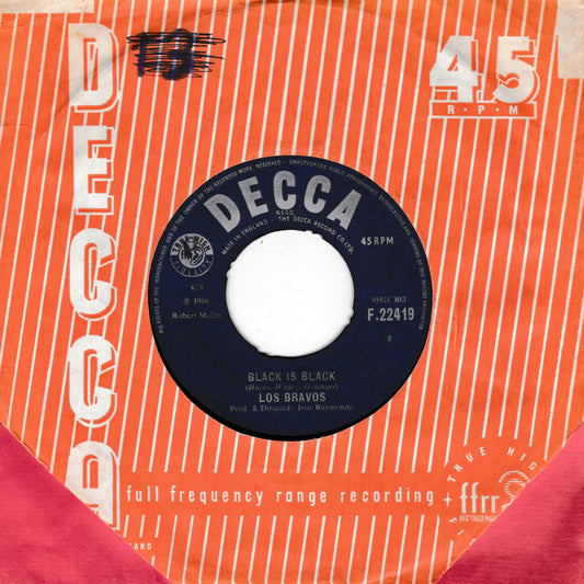 A vintage 45 rpm vinyl record sleeve for Los Bravos's 'Black Is Black' on Decca Records, featuring a bright orange and white striped design with a blue centre label.