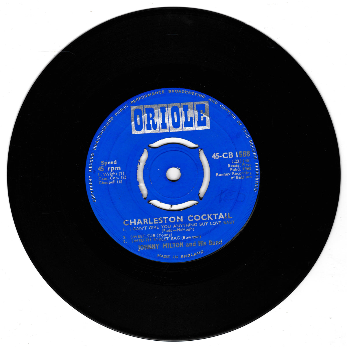 A black vinyl record with a bright blue centre label reading 'ORION' and 'CHARLESTON COCKTAIL' by Johnny Milton, photographed on a white background.