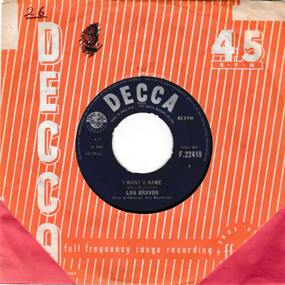 A vintage 45 rpm record sleeve for Los Bravos' 'I Want A Name' on Decca Records. The sleeve features a bold orange and white striped pattern with the word 'DECCA' printed vertically on the left side.