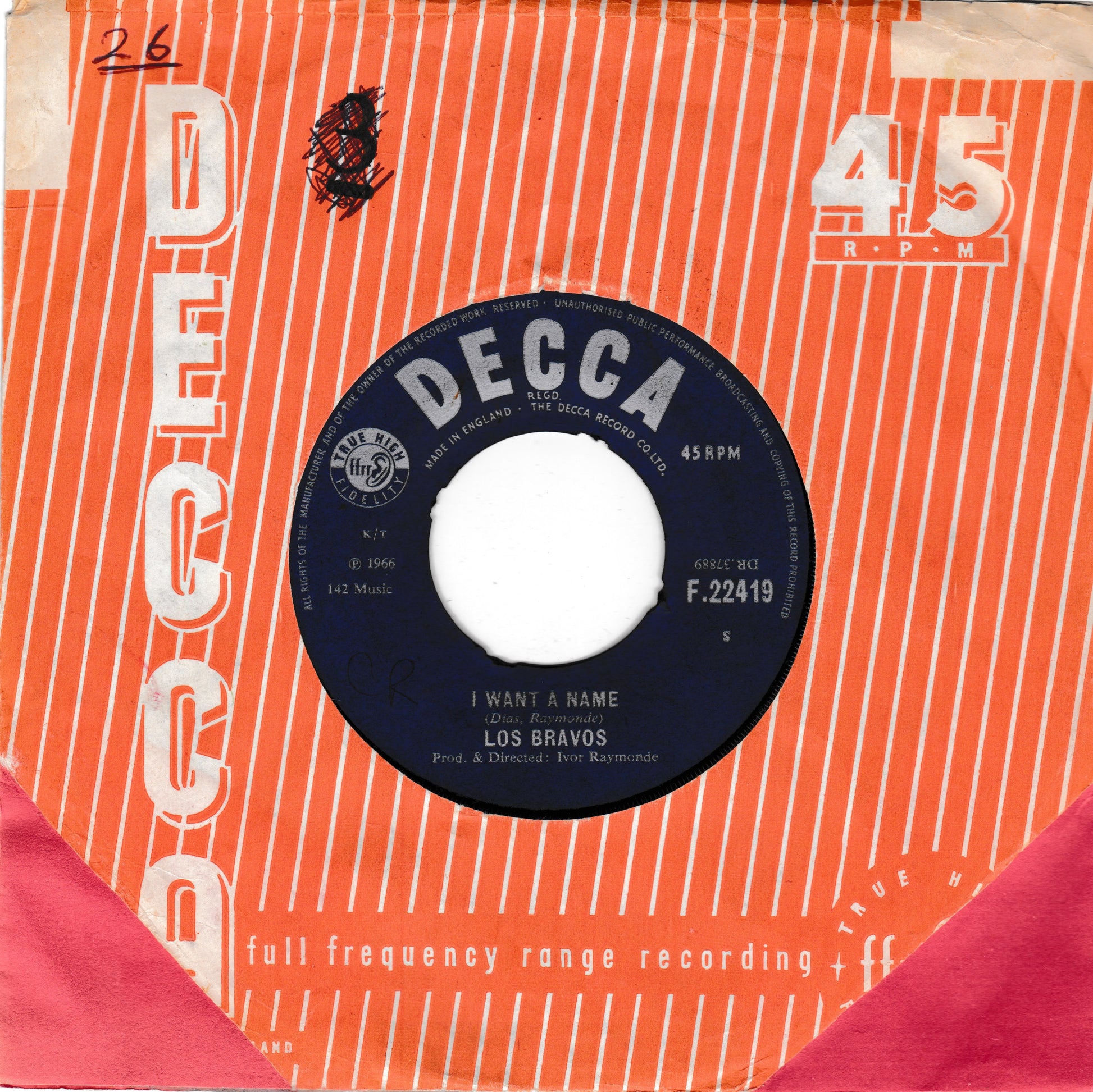 A vintage 45 rpm record sleeve for Los Bravos' 'I Want A Name' on Decca Records. The sleeve features a bold orange and white striped pattern with the word 'DECCA' printed vertically on the left side.