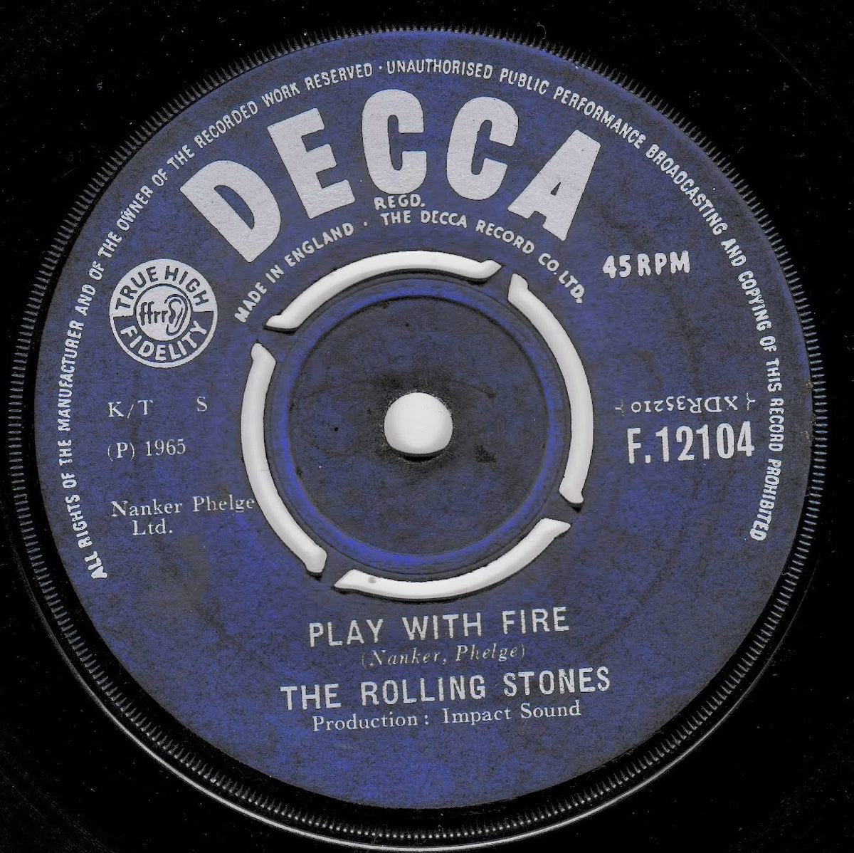 A close-up of a vintage DECCA vinyl record label for The Rolling Stones' 'Play With Fire', featuring a blue and black design with white text.