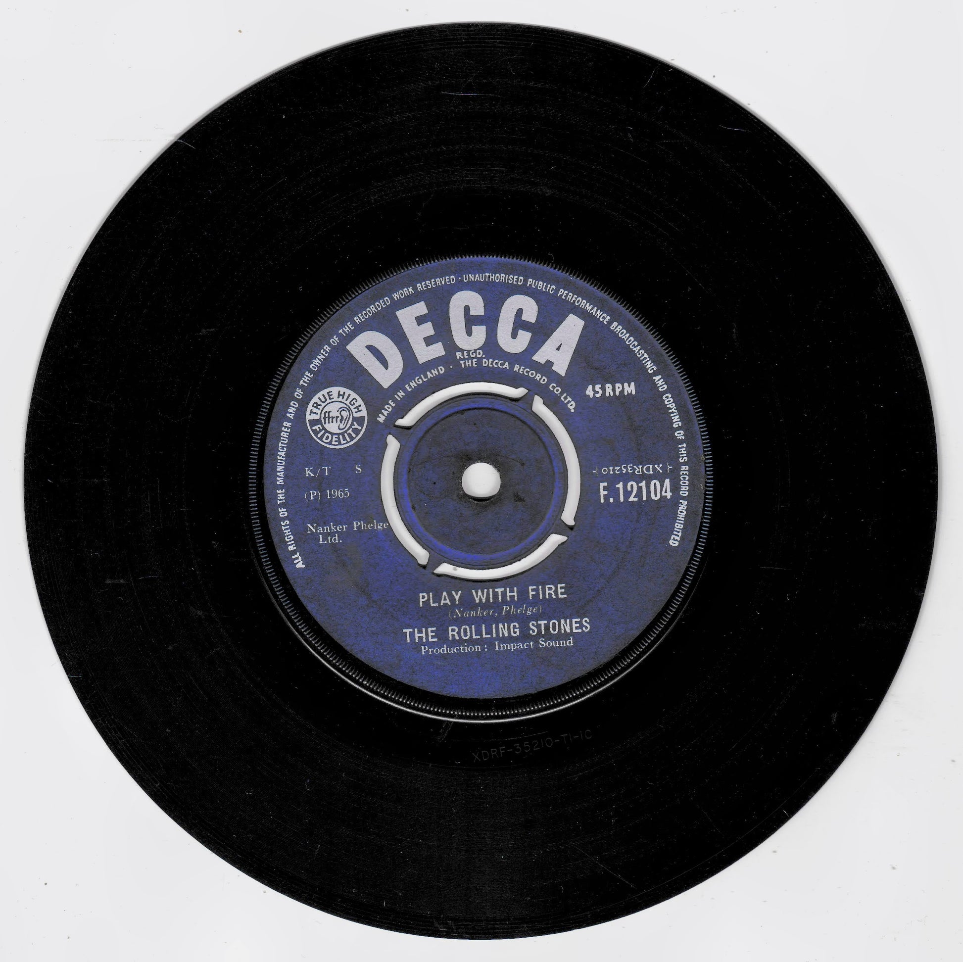 A black vinyl record with a blue and white centre label reading 'DECCA' and 'The Rolling Stones - Play With Fire', photographed on a plain white background.