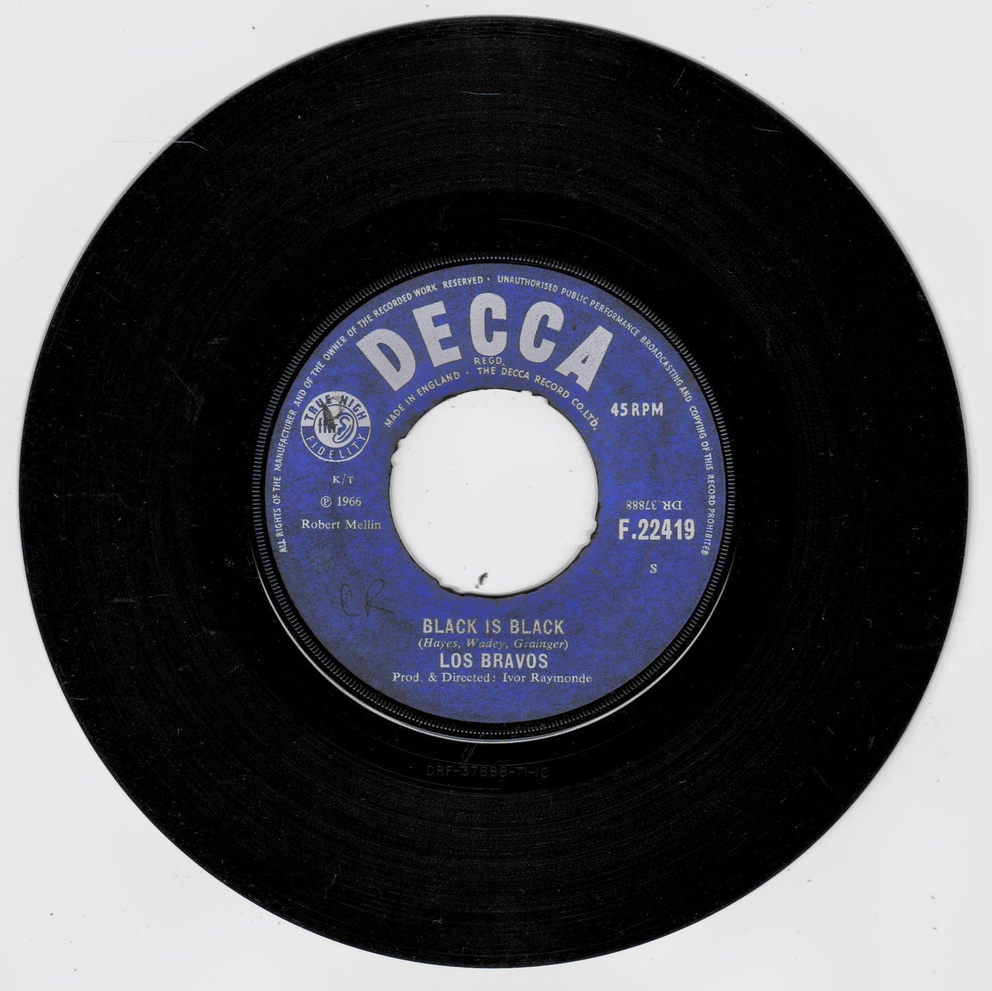 A vintage black vinyl record with a blue and white Decca label, featuring the song 'Black Is Black' by Los Bravos.