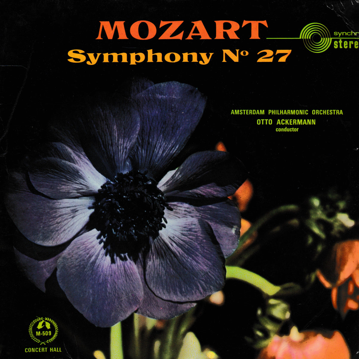 Mozart Symphony No. 27 EP cover featuring a large dark purple flower on a black background, with orange title text and conductor Otto Ackermann listed on the cover.