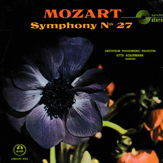 Mozart Symphony No. 27 EP cover featuring a large dark purple flower on a black background, with orange title text and conductor Otto Ackermann listed on the cover.