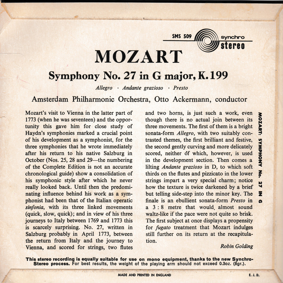 A vintage printed record sleeve for Mozart's Symphony No. 9 in G major, K.