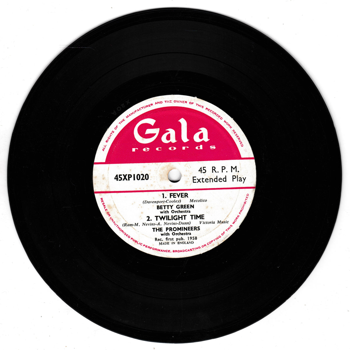 A black vinyl record with a red and white centre label reading Gala Records, featuring the tracks 'Fever' and 'Twilight Time' by The Prominenters.
