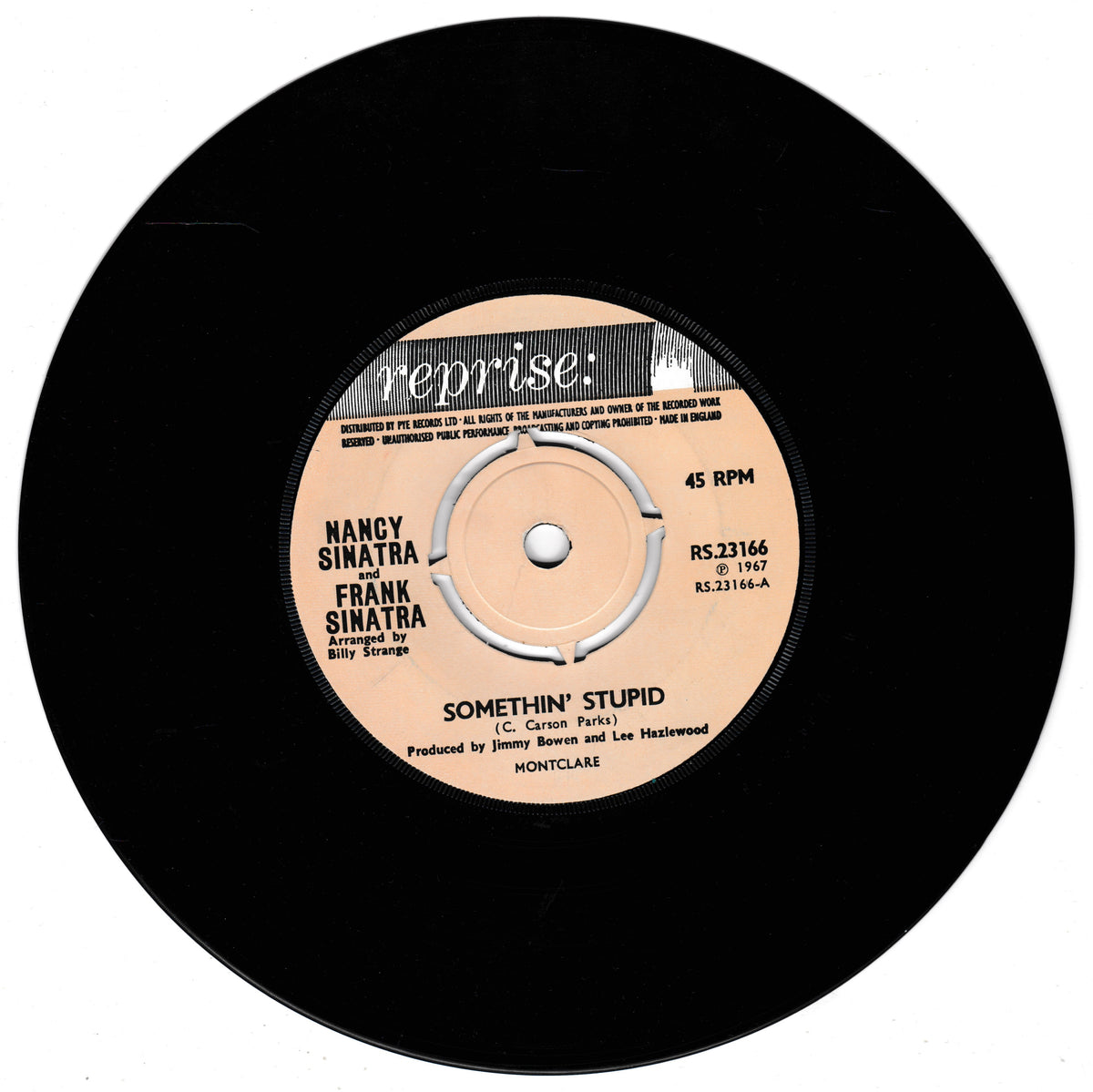 A black 45 RPM vinyl record featuring Frank Sinatra's 'Somethin' Stupid' on the Reprise label, with a beige centre label.