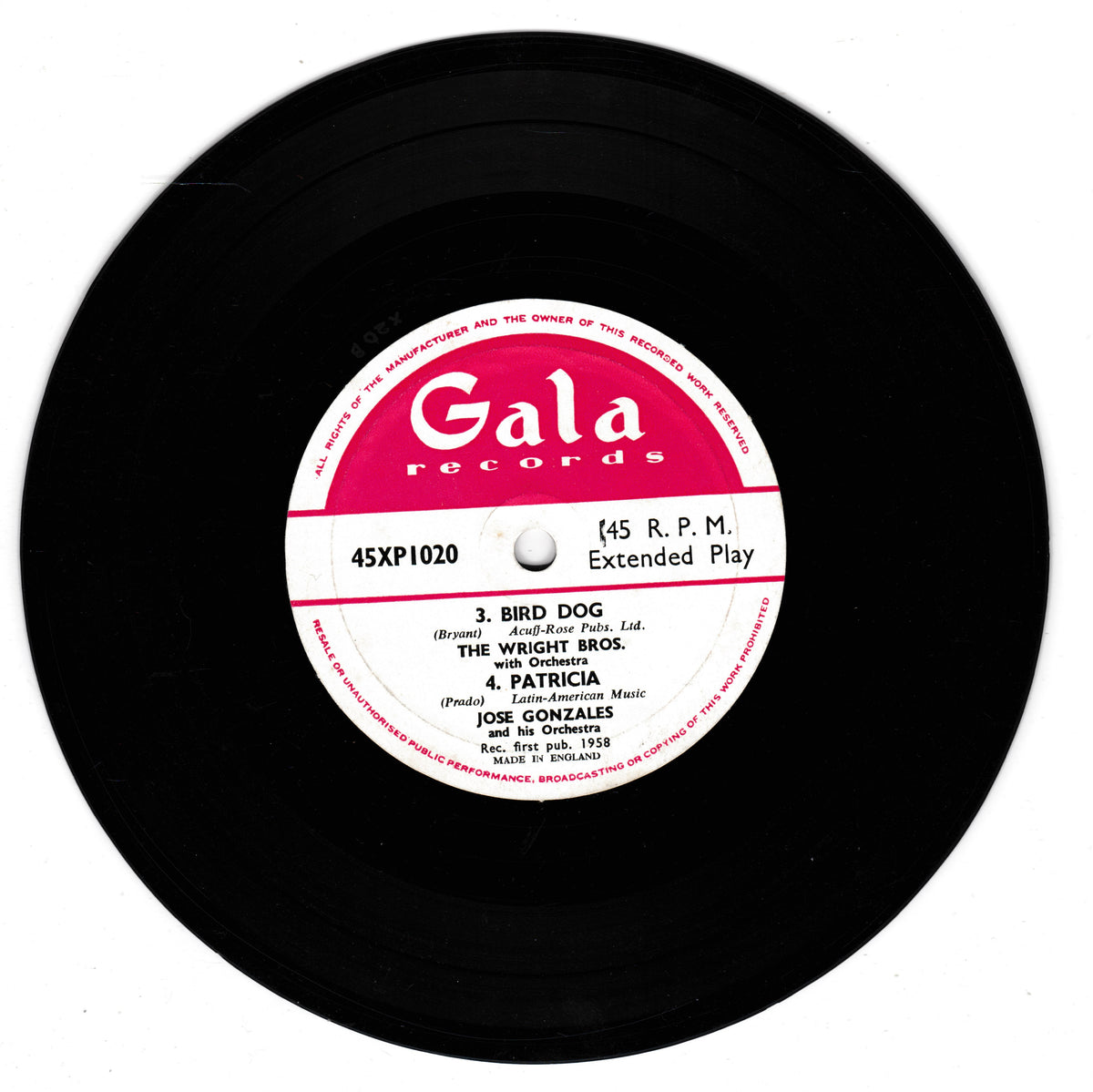A black vinyl record with a white and pink Gala Records label, featuring the song '3. Bird Dog' by The Wright Bros.