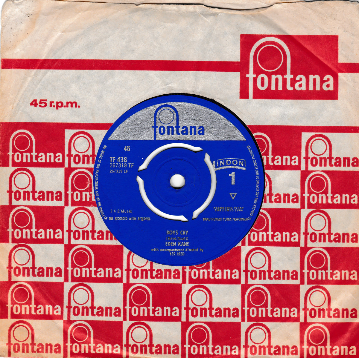 A vintage blue Fontana 45 rpm record partially pulled from its red and white branded paper sleeve, with the record label showing 'Indon 1' and the artist name 'Eden Kane'.