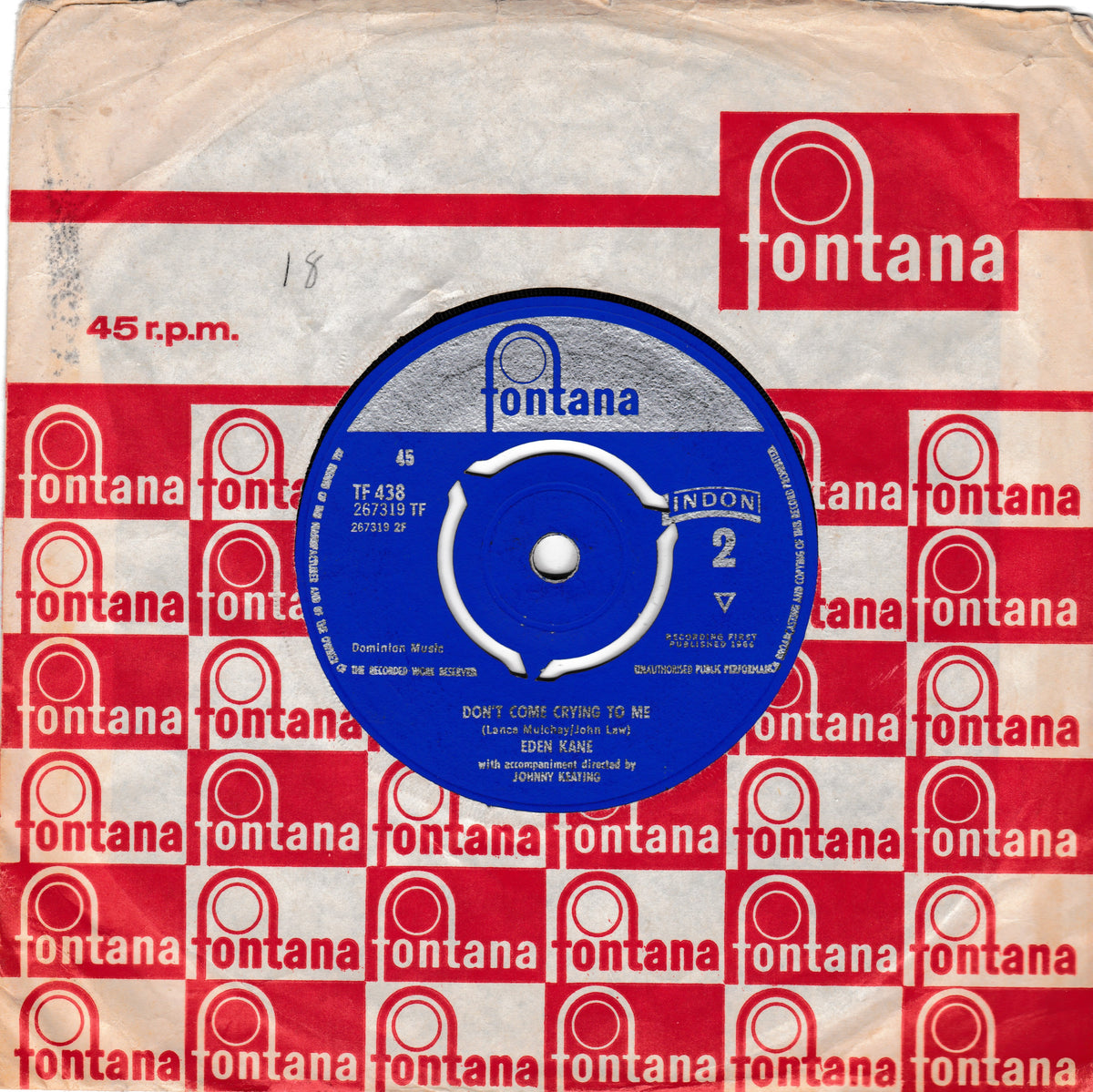 A vintage Fontana 45 rpm record sleeve with a blue vinyl record in the centre, featuring the red and white Fontana logo pattern on a light beige paper background.