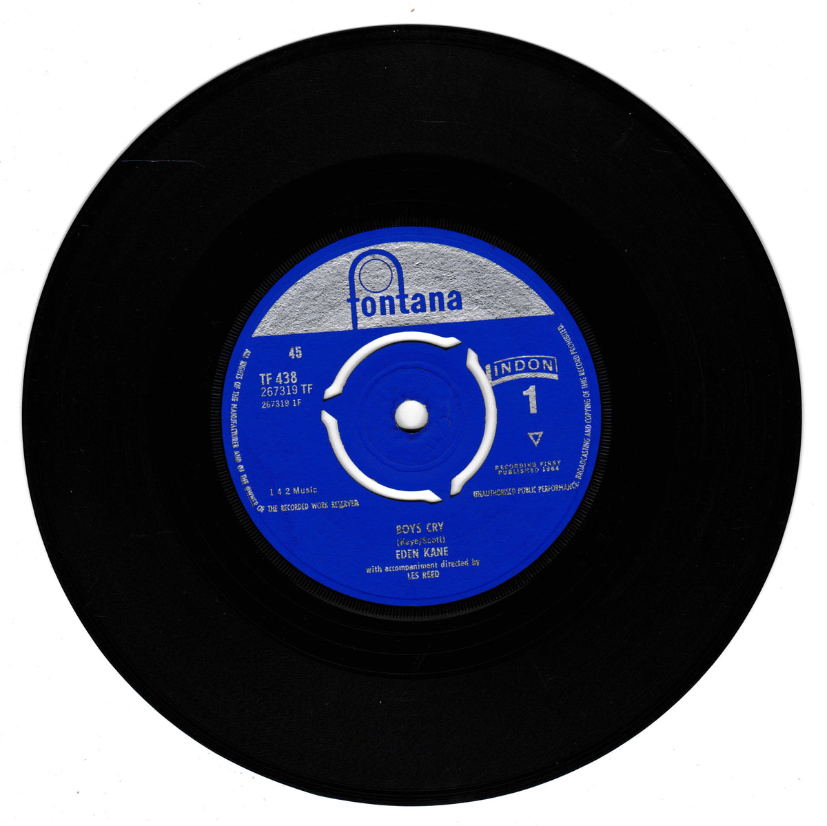 A black vinyl record with a blue and silver centre label, featuring the brand name Fontana and the track title 'Boys Cry' by Eden Kane, photographed on a white background.