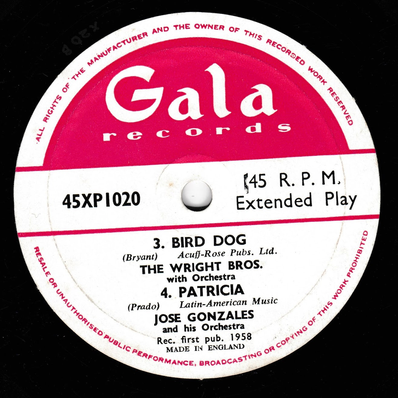 A close-up of a vintage vinyl record label for Gala Records, featuring a white and magenta design with black text. The label includes the artist names 'Jose Gonzales' and 'The Wright Bros.