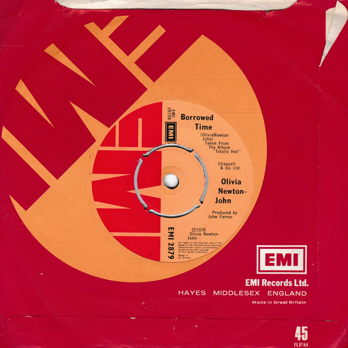 A vintage 45 rpm record sleeve for Olivia Newton-John's 'Borrowed Time' on EMI Records. The sleeve features a bold red background with a large orange and red graphic design, and the central label shows the orange inner circle with black text.