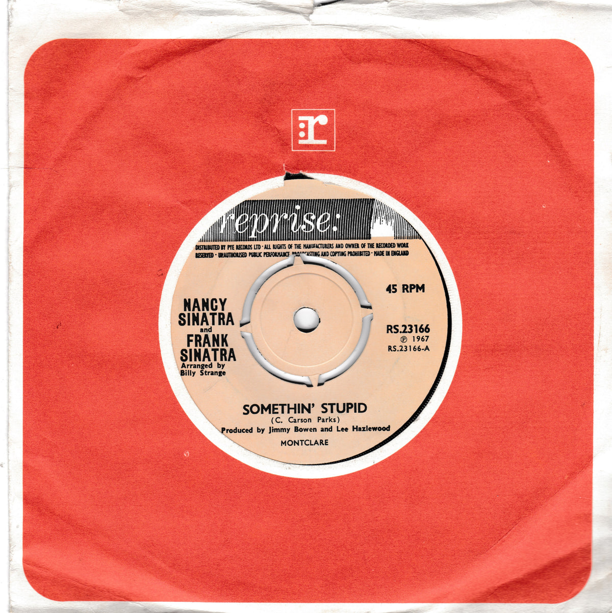 A vintage 45 single record sleeve for Nancy Sinatra and Frank Sinatra's 'Somethin' Stupid' on the Reprise label, featuring a textured red paper background and a beige centre label.