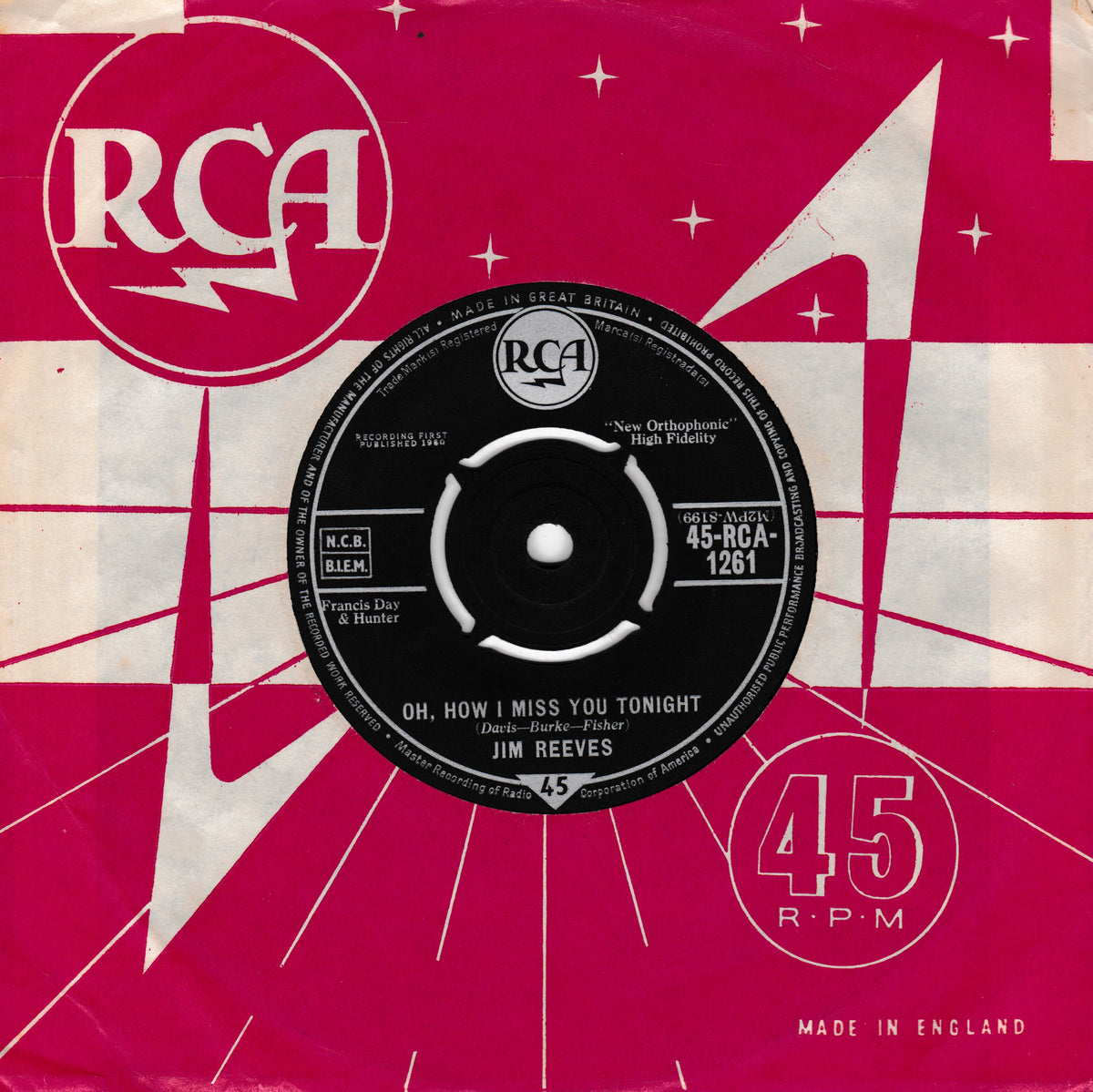 A vintage RCA 45 single record sleeve for Jim Reeves' 'Oh, How I Miss You Tonight', featuring a bold magenta and white geometric design with the RCA logo and a black centre label.