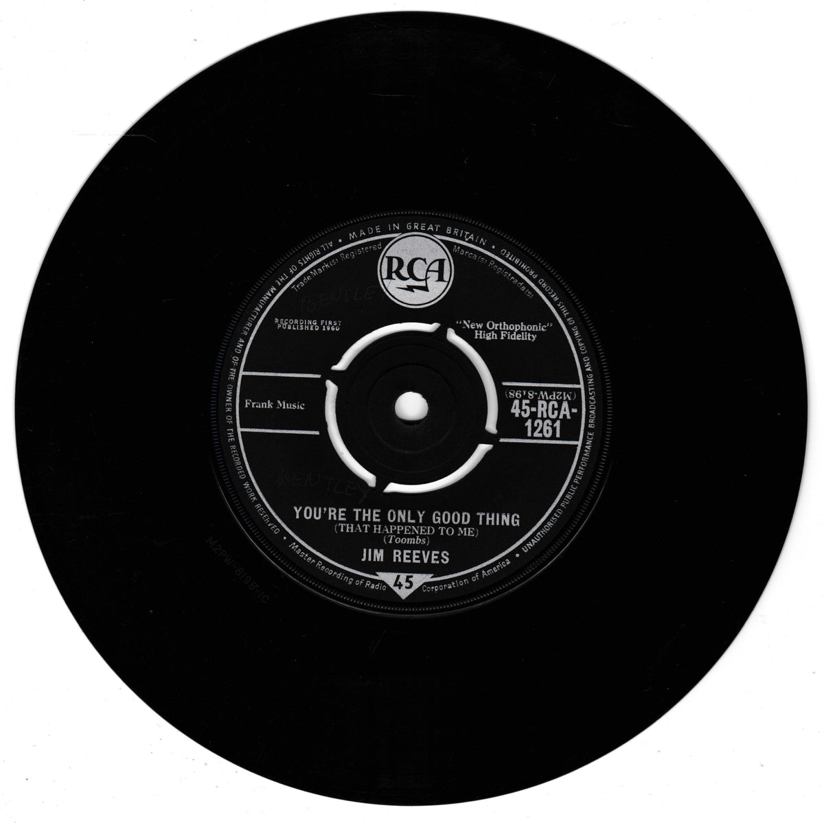 A black 45 RPM vinyl record with a white RCA label, featuring Jim Reeves' song 'You're The Only Good Thing'.