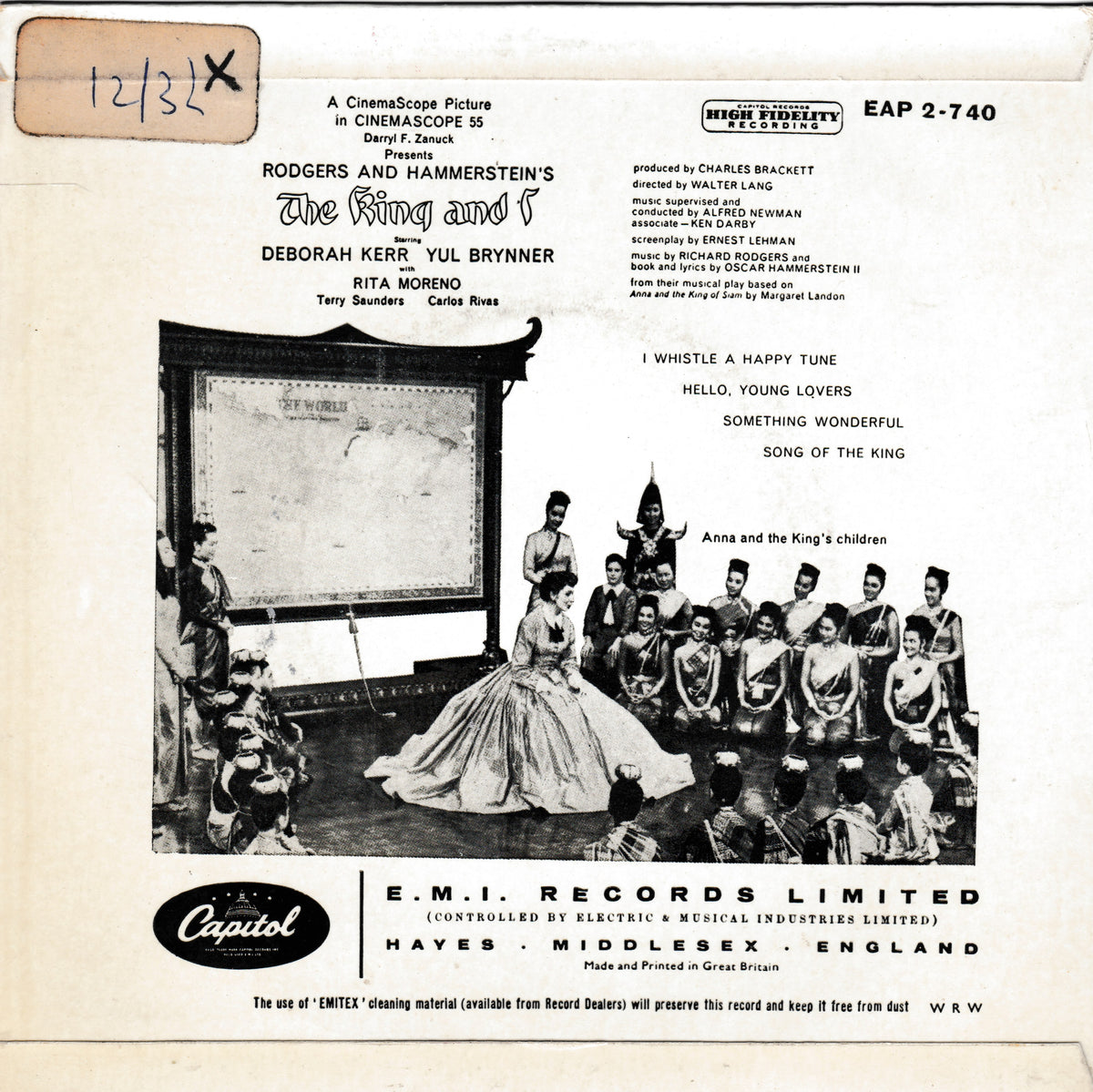 Vintage EP cover for Rodgers and Hammerstein's 'The King and I' on Capitol Records, showing black-and-white theatrical stage and cast photos, printed text, and a Capitol logo at the bottom.