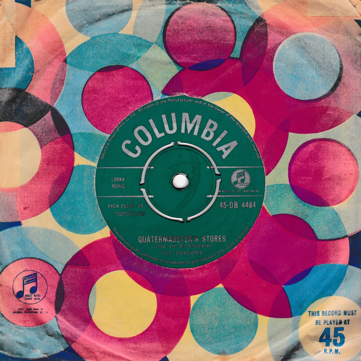A vintage Columbia 45 rpm record sleeve featuring a vibrant, retro pattern of overlapping circles in pink, teal, yellow, and orange around a green central label with 'COLUMBIA' printed in white.