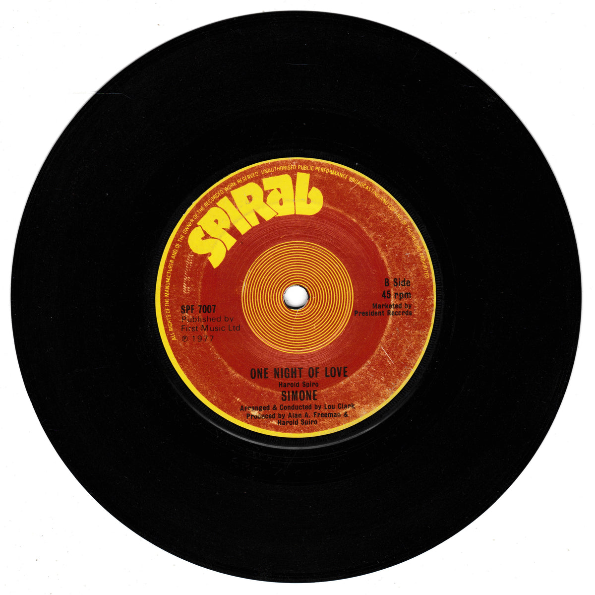A black vinyl record with a red and orange centre label featuring the yellow Spiral Records logo and the song title 'One Night of Love' by Simone.