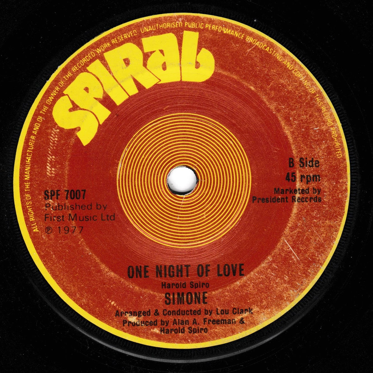A vintage 7-inch vinyl record label for Simone's 'One Night of Love' on the Spiral label. The label features a vibrant red and orange concentric circle design with bold yellow 'SPIRAL' branding at the top and black text detailing the track information.