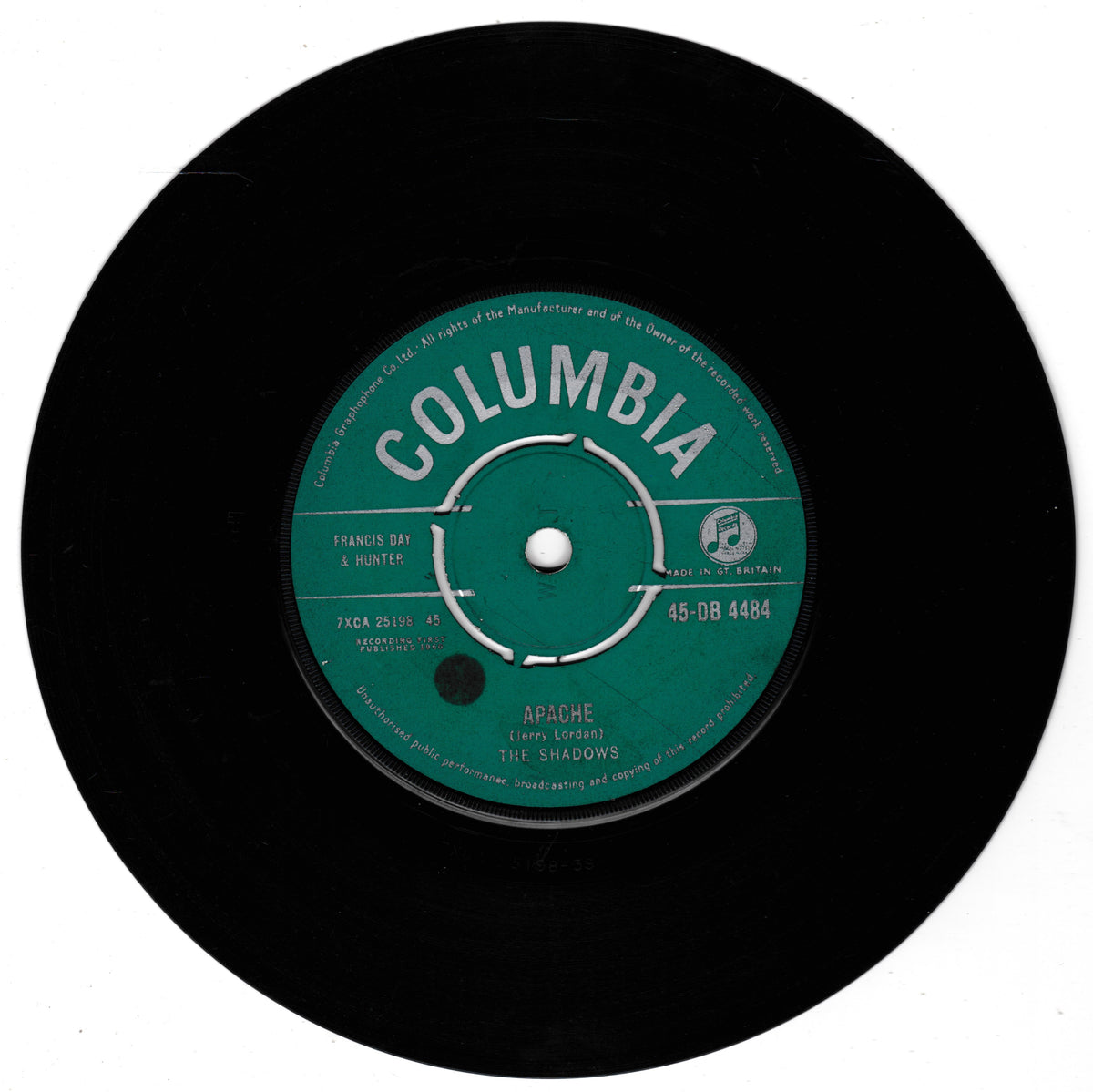 A black 7-inch vinyl record with a green Columbia label, featuring the song 'Apache' by The Shadows.