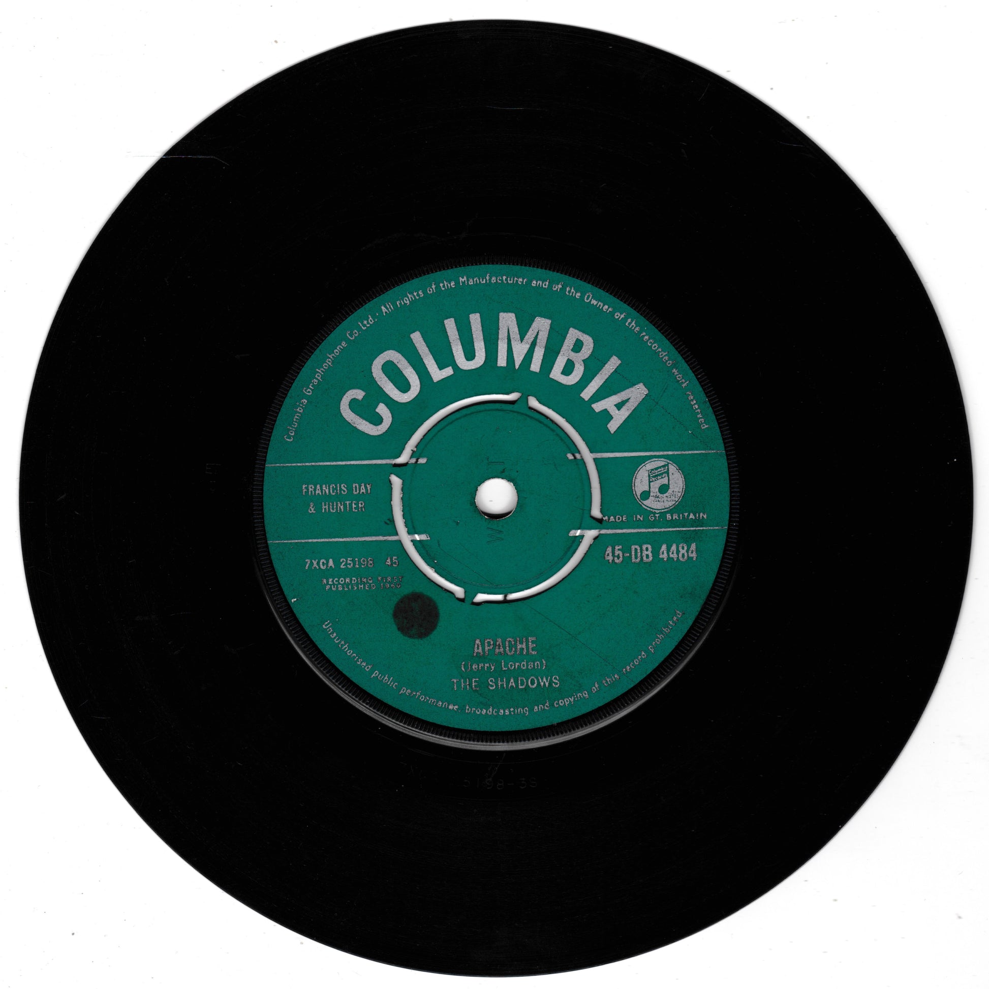 A black 7-inch vinyl record with a green Columbia label, featuring the song 'Apache' by The Shadows.