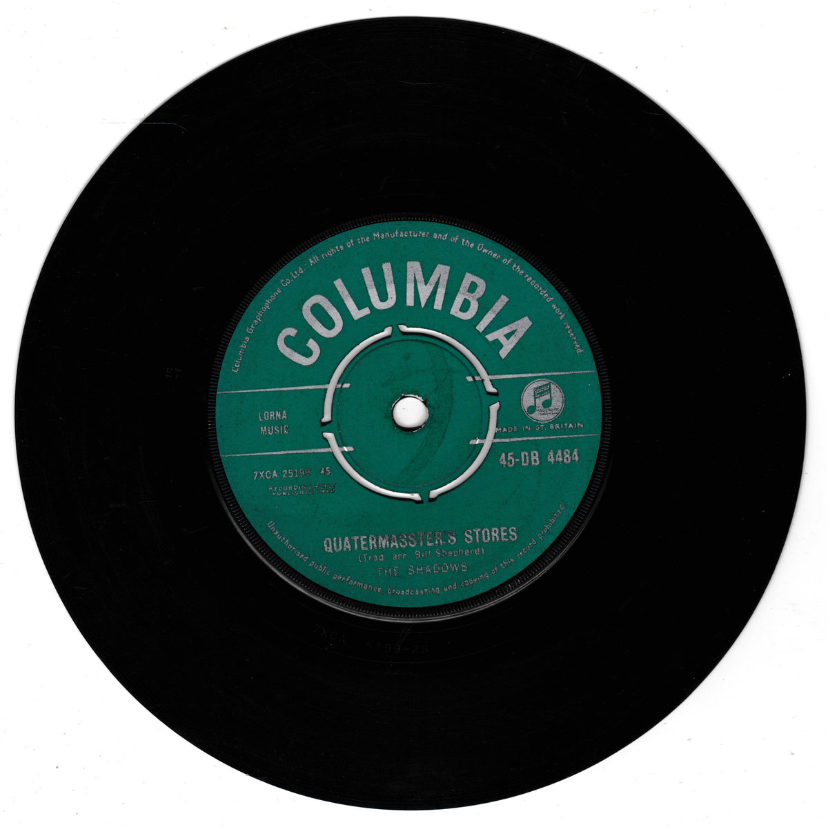 A vintage black 7-inch vinyl record with a green Columbia label, featuring the text 'COLUMBIA' and 'QUATERMASTER'S STORES' in white, photographed on a white background.