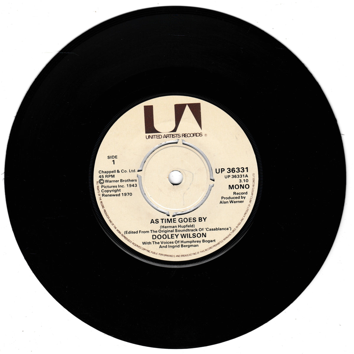 A black vinyl record with a cream-coloured centre label for Dooley Wilson's 'As Time Goes By' on United Artists Records.