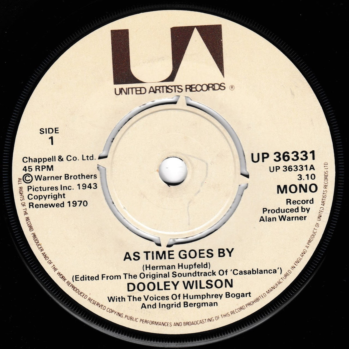A close-up of a vintage vinyl record label for Dooley Wilson's 'As Time Goes By' on United Artists Records. The label is cream-colored with black text and a black outer ring.