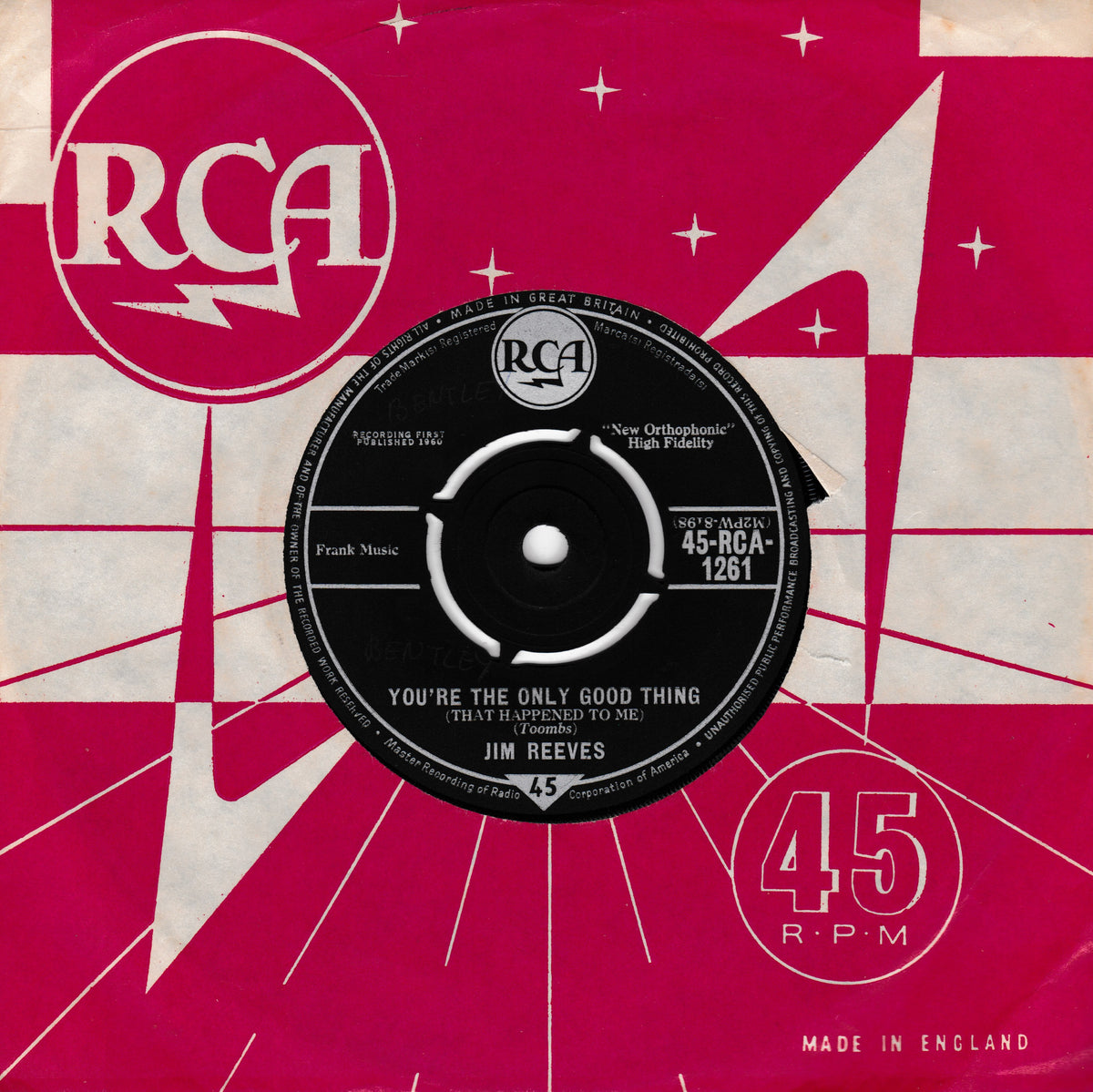 A vintage RCA 45 single record sleeve for Jim Reeves' 'You're The Only Good Thing', featuring a black vinyl record centered on a bright pink and white retro graphic background.