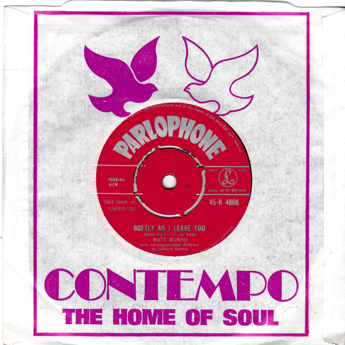 Vintage Parlophone record sleeve for Matt Monroe's 'Softly As I Leave You', featuring a white background with a magenta border, two doves, and a red record graphic.