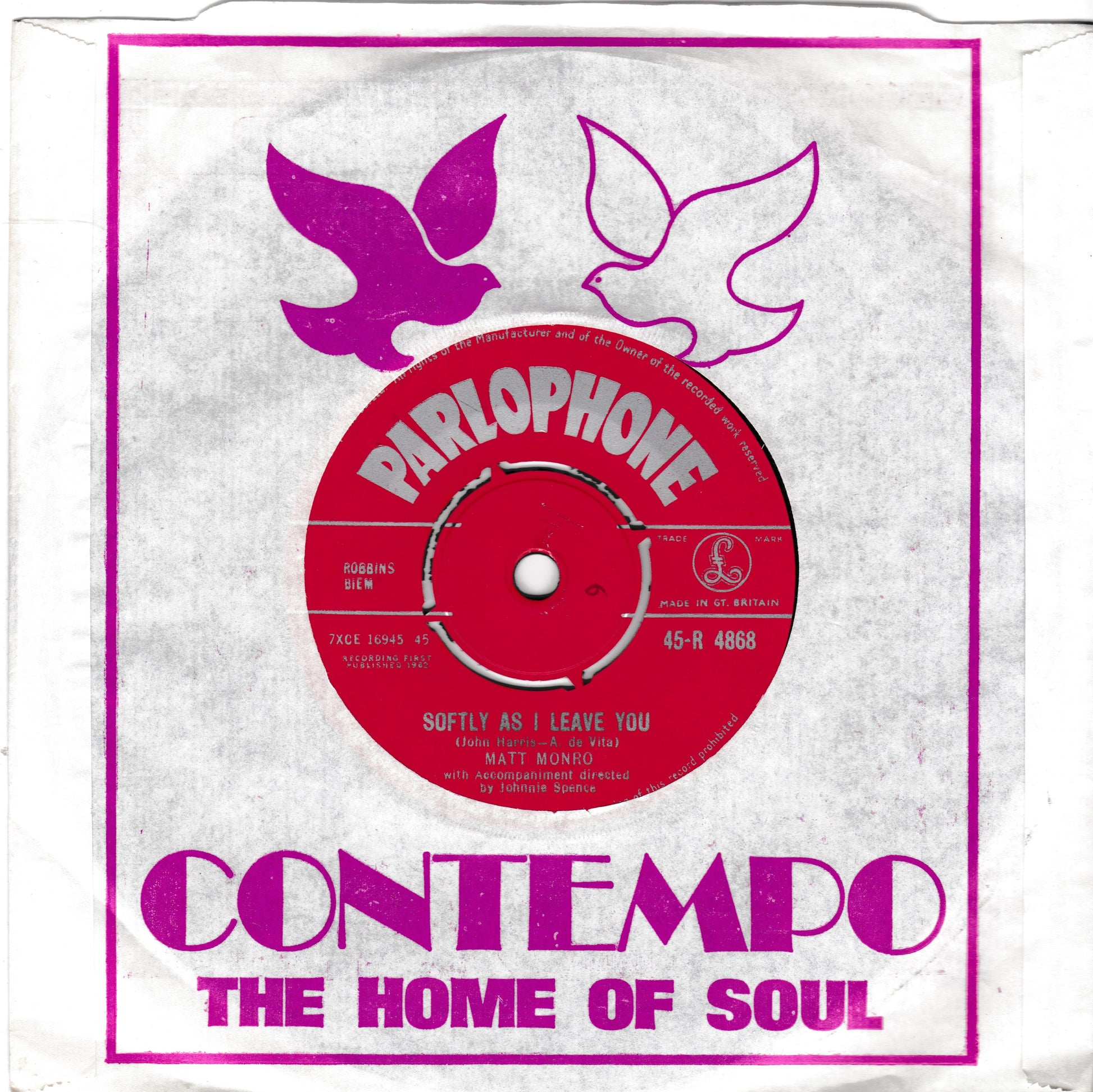 Vintage Parlophone record sleeve for Matt Monroe's 'Softly As I Leave You', featuring a white background with a magenta border, two doves, and a red record graphic.