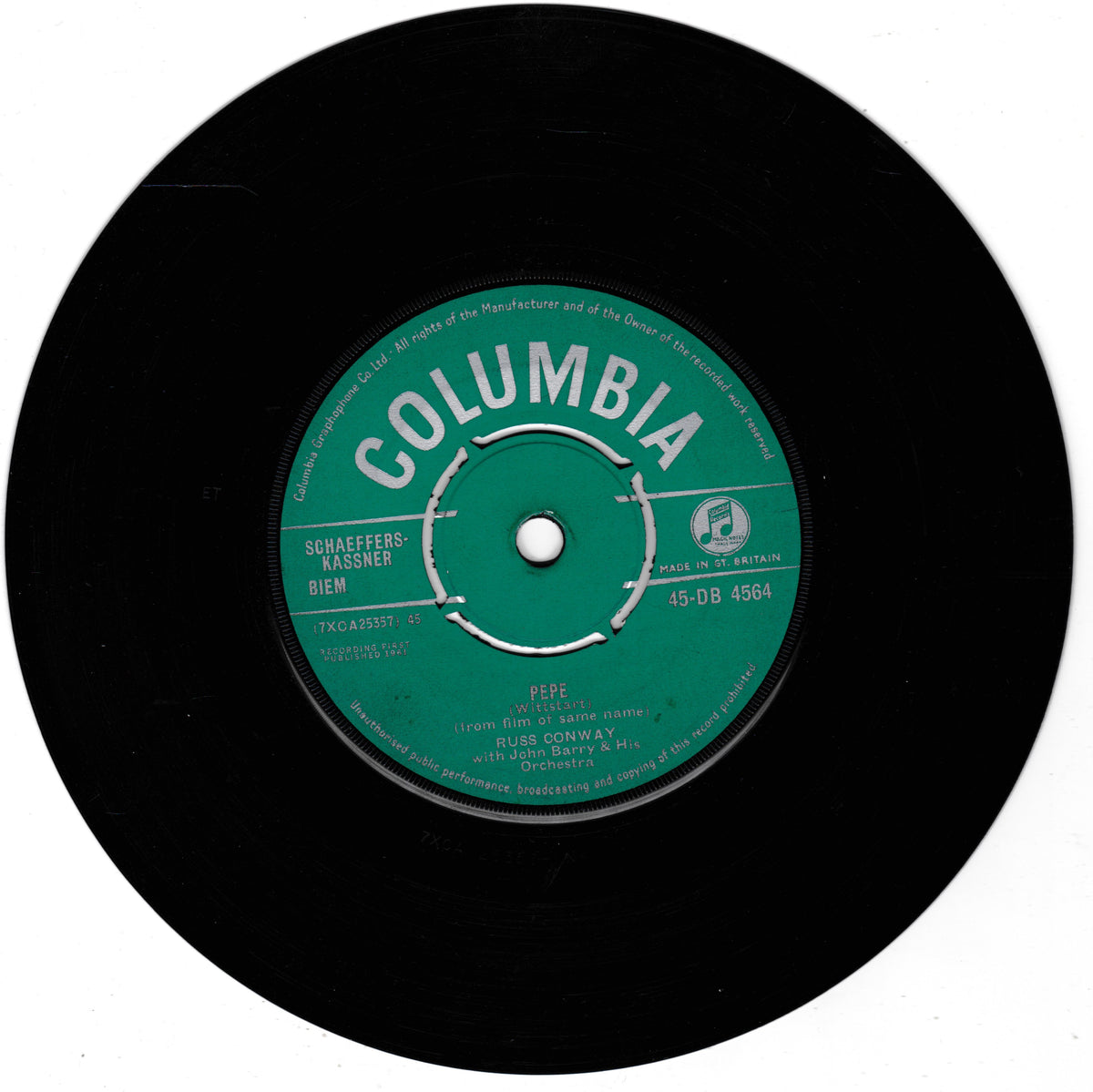 A black vinyl record with a green Columbia label, featuring the text 'COLUMBIA' and 'PEPE' in white, photographed on a white background.