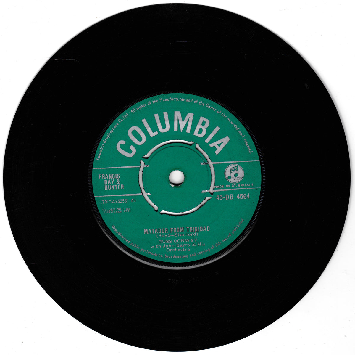 A black 7-inch vinyl record with a green Columbia label, featuring the song 'Matador from Trinidad' by Russ Conway.