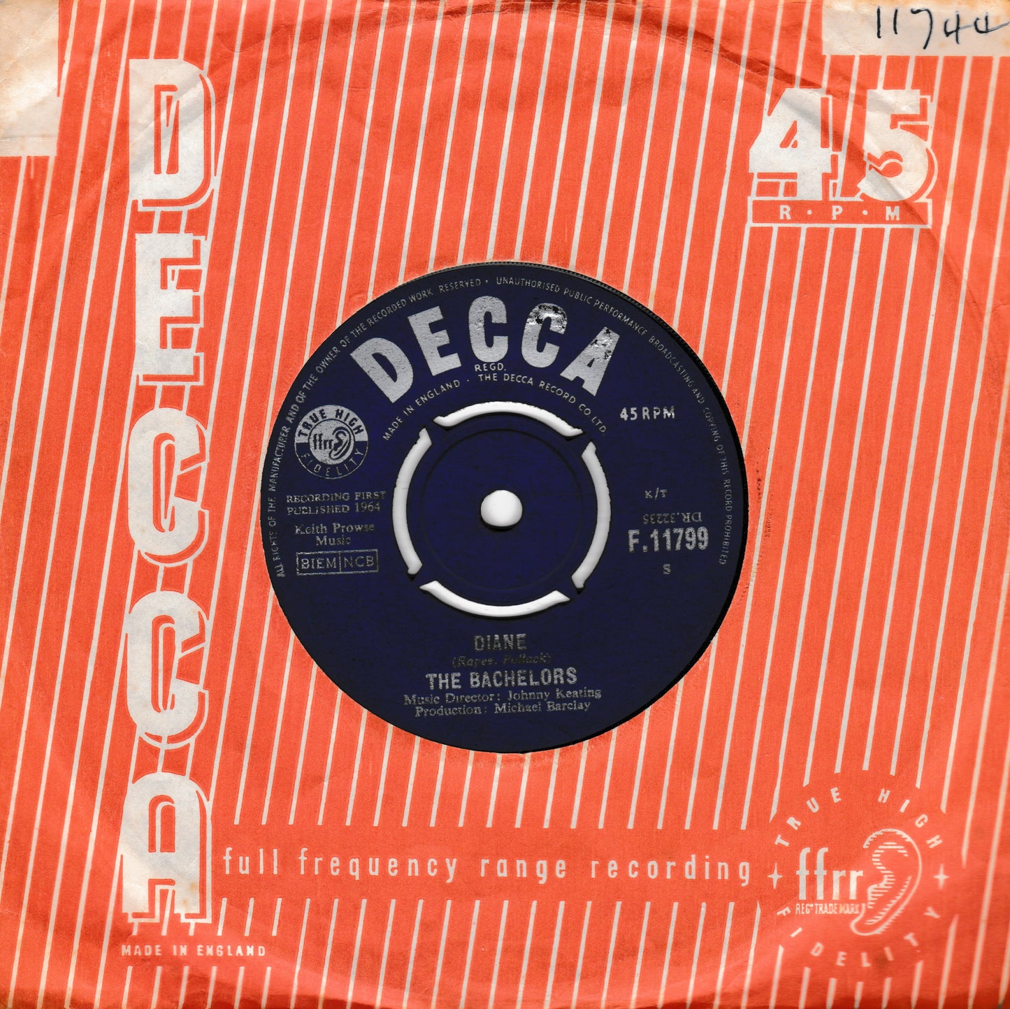 Vintage Decca 45 RPM vinyl record sleeve for 'Diane' by The Bachelors, featuring a red and orange striped design with a dark blue centre label.
