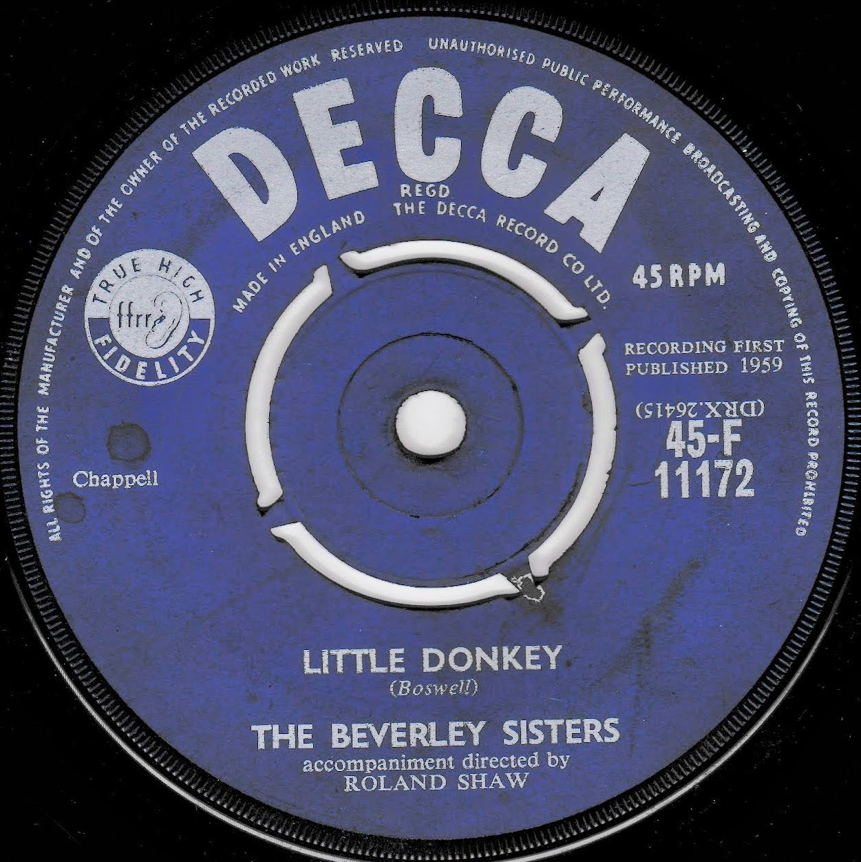 A vintage Decca 45 RPM vinyl record label for 'Little Donkey' by The Beverley Sisters, featuring a blue label with white text and a white centre spindle on a black background.
