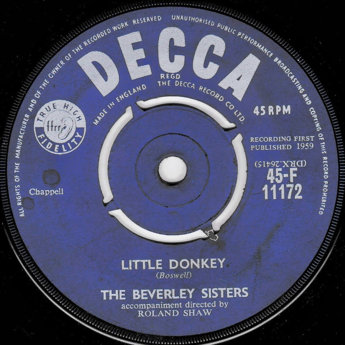 A vintage Decca 45 RPM vinyl record label for 'Little Donkey' by The Beverley Sisters, featuring a blue label with white text and a white centre spindle on a black background.