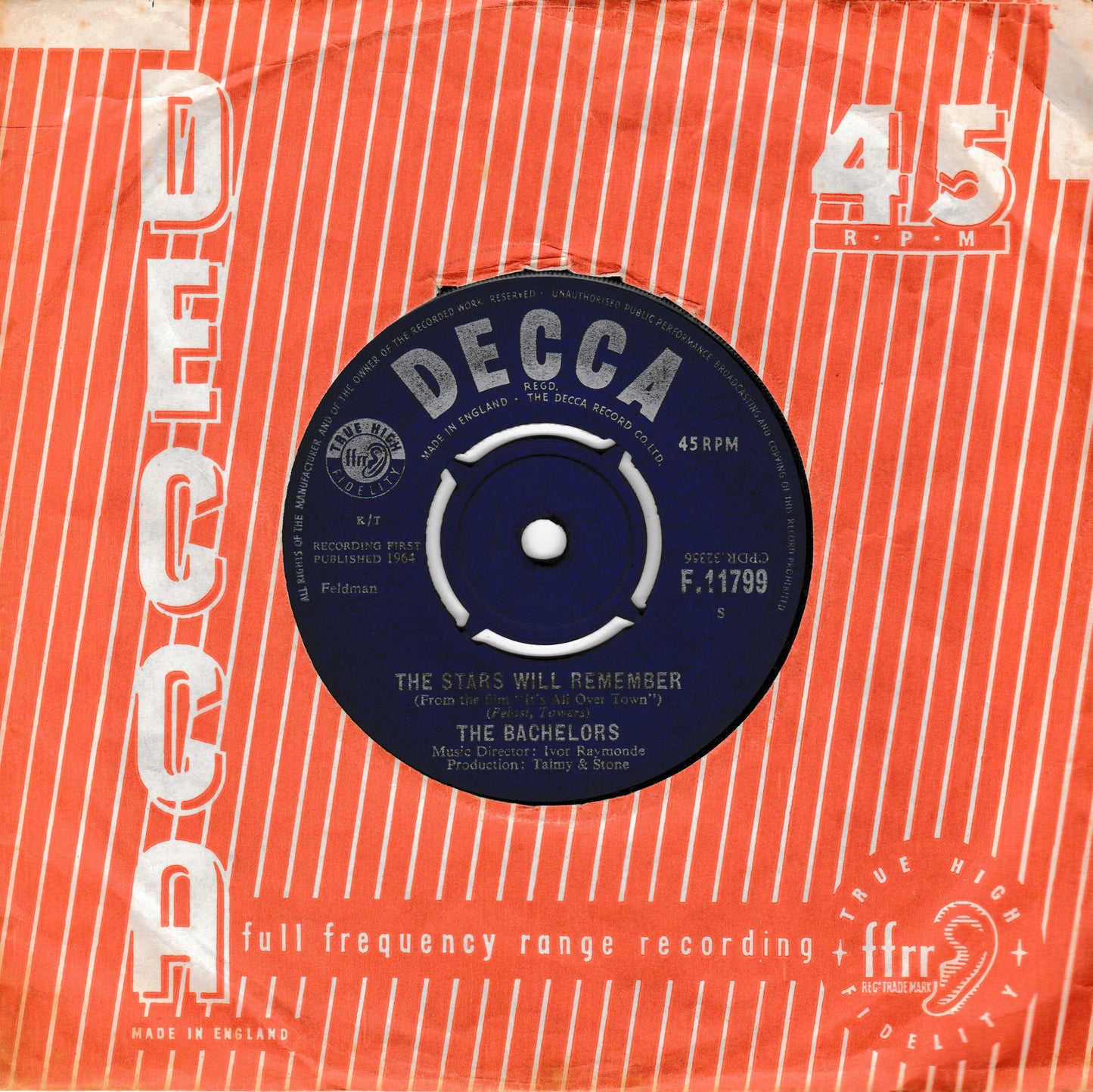 A vintage Decca 45 RPM vinyl record sleeve for 'The Stars Will Remember' by The Bachelors, featuring a bright orange and white striped background with a dark blue central label.