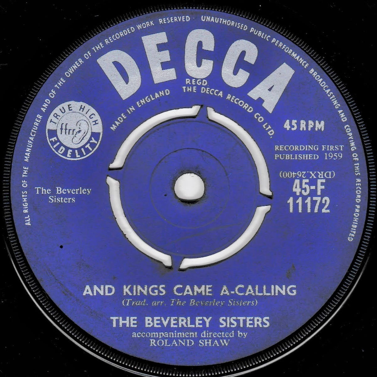 A vintage Decca 45 RPM vinyl record label for 'And Kings Came A-Calling' by The Beverley Sisters, featuring a blue and white design on a black background.