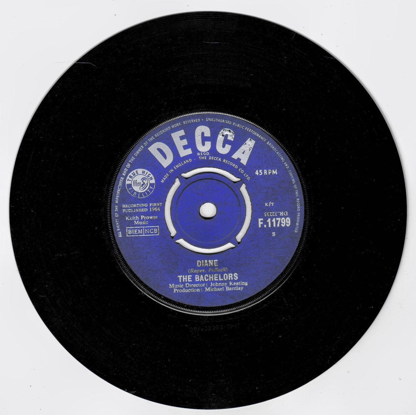 A black 7-inch vinyl record with a blue and white Decca label, featuring the song 'Diane - The Bachelors' at 45 RPM.