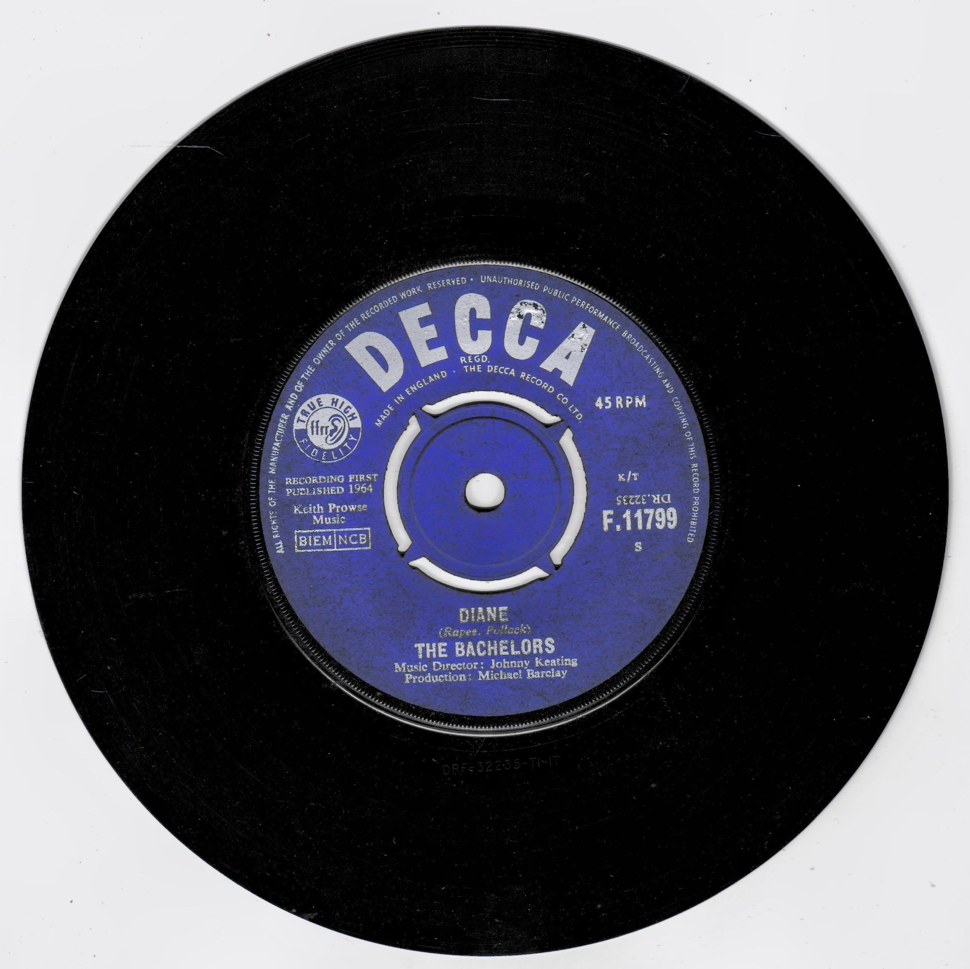 A black 7-inch vinyl record with a blue and white Decca label, featuring the song 'Diane - The Bachelors' at 45 RPM.